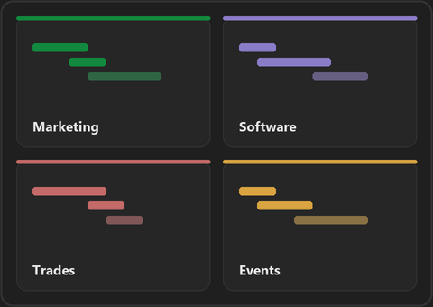 Four small Gantt motifs, one per industry: marketing in green, software in purple, trades in red and events in amber, each showing a short run of critical work followed by a task with room to move.