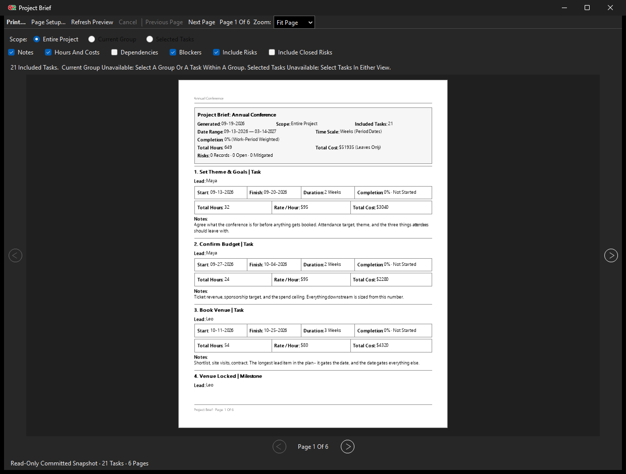 The GanttRight Project Brief preview: a paginated report generated from the plan, showing status, hours, costs and notes.