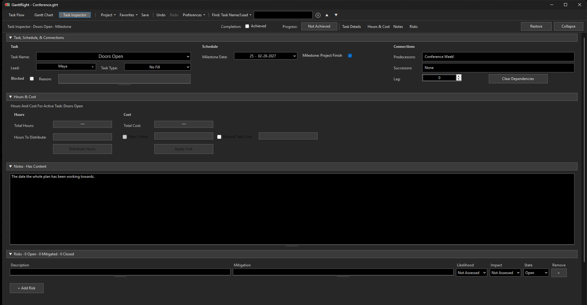 The GanttRight Task Inspector showing the Doors Open milestone in full: its lead and task type, its milestone date marked as the project finish, its predecessor, the Hours and Cost section, a note, and an empty risk register.